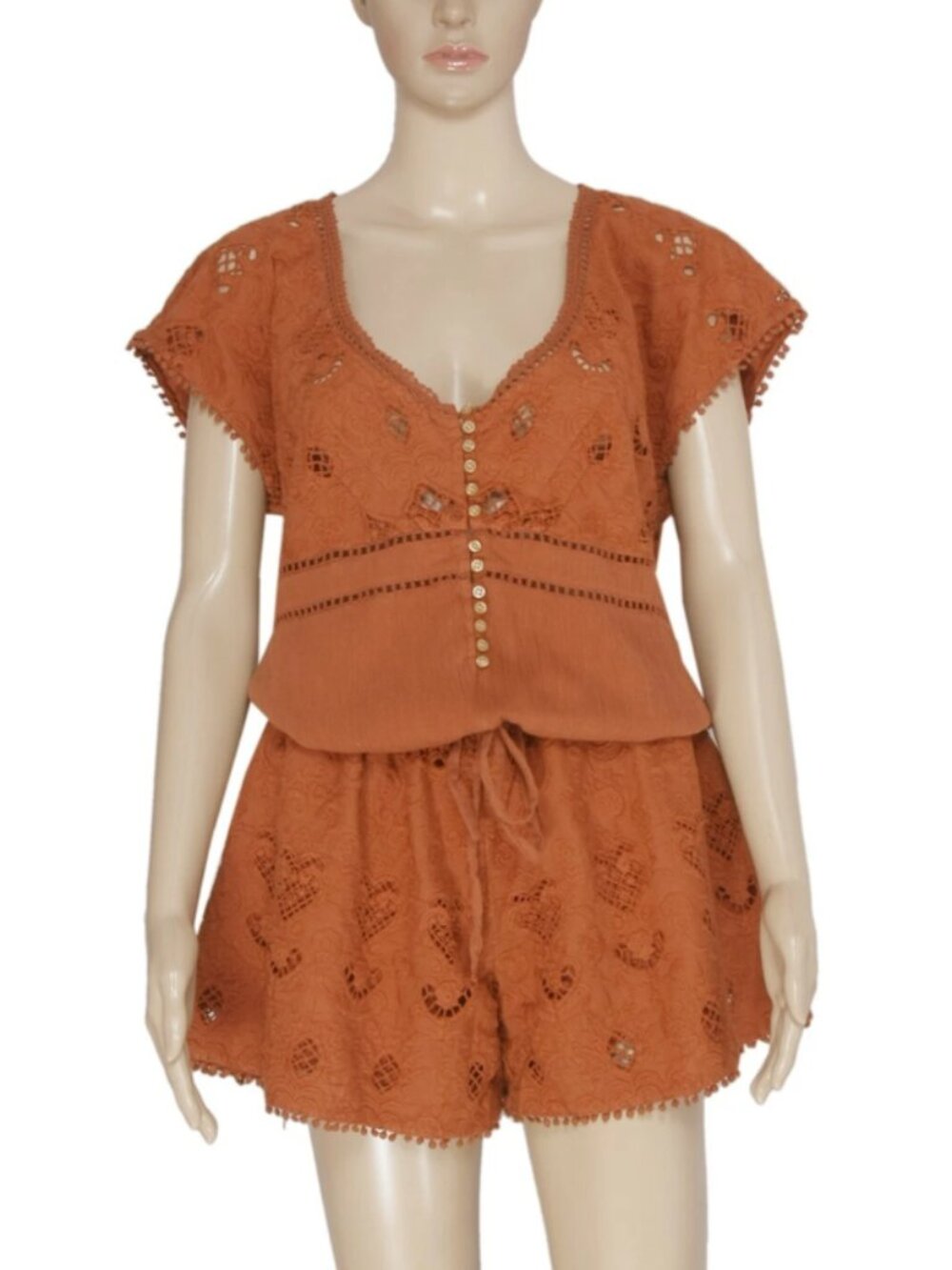Odd Molly Eyelet Embroidered Lace Cutout Button Drawstring Rust Romper L